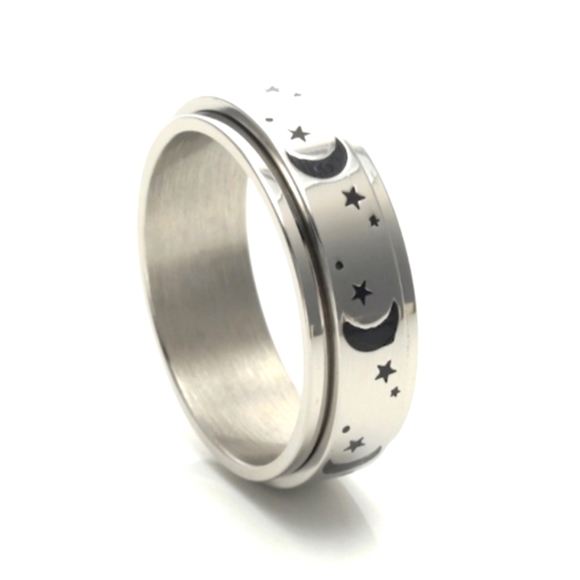 Moon & Stars Ring. Spinner Fidget Stress Buster. Stainless Steel. Sz 14 - Picture 1 of 5